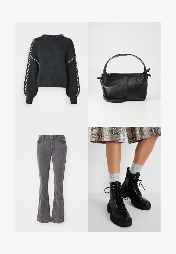 Vero Moda VMFENG O NECK - Strickpullover - asphalt; Graue Schlagjeans aus Denim, mit klassischem Fünf-Taschen-Design, Verwaschungen und einem Knopf- und Reißverschluss am Bund.; Steve Madden GUSTO - Plateaustiefelette - black; Schwarze Lederhandtasche mit strukturiertem Design, rundem Haltegriff und abnehmbarem Schulterriemen. Sie weist eine glatte Oberfläche und einen subtilen Glanz auf.