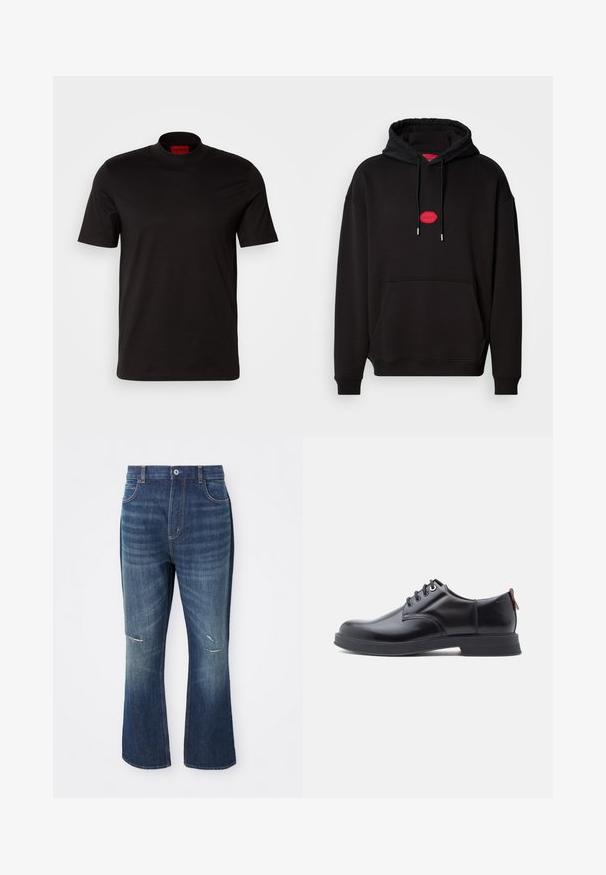 Sort hættejakke lavet af bomuldsblandingsstof, med et rødt rundt logo på brystet, snorhætte og frontlomme.; Sort kortærmet t-shirt med høj hals design. Fremstillet af glat stof. Har et rødt mærke på indersiden af kraven.; Blå denim flared jeans med let slid på begge knæ og en knaplukning i taljen, vist mod en hvid baggrund.; Sorte snørestøvler i læder med glat tekstur, rundet tå og diskrete syningsdetaljer. Har en rød trækflig på hælen.
