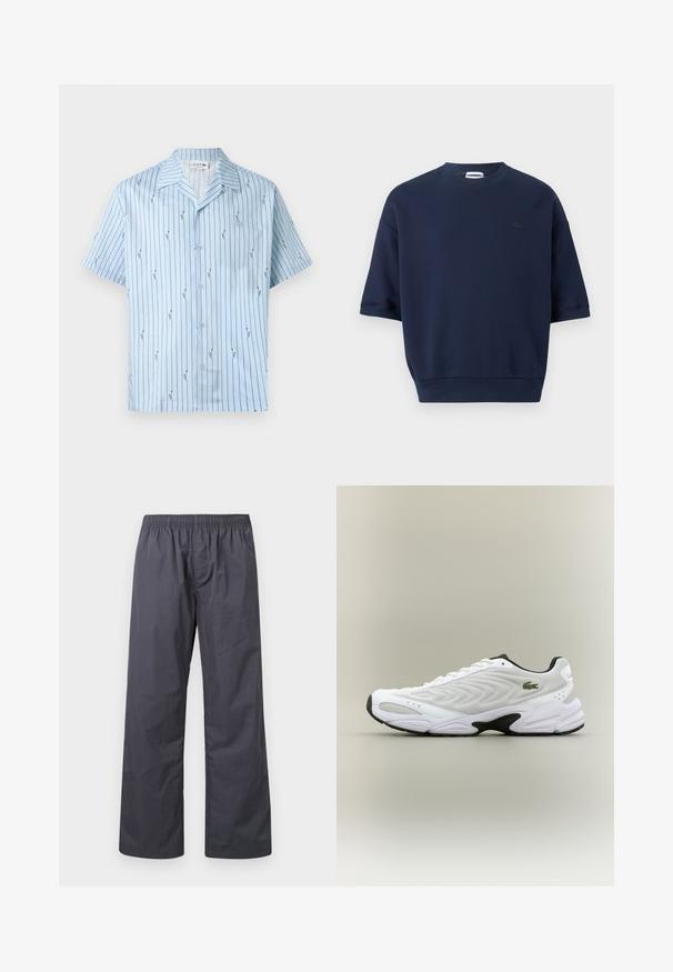 Sweatshirt bleu marine à manches courtes avec col rond, ourlet côtelé et petit logo sombre sur le côté gauche de la poitrine.; Chemise bleu clair à manches courtes avec fines rayures verticales noires et petits logos crocodile répétés, col ouvert et poche avant.; Pantalon ample gris foncé avec taille élastique, jambes droites et tissu léger, idéal pour une tenue décontractée.; Baskets de sport blanches avec un dessus en mesh texturé, un design courbé et une semelle noire contrastante. Présente un logo brodé vert sur le côté.