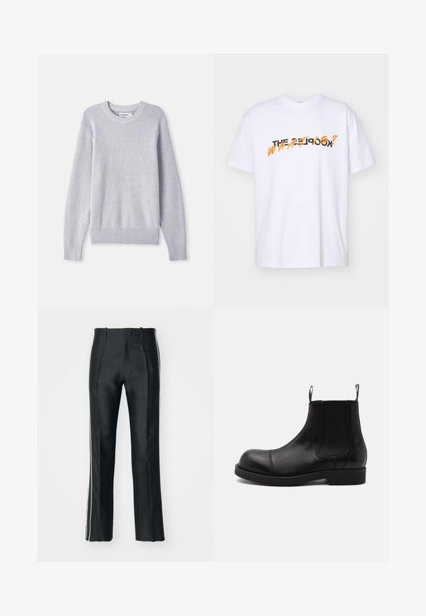 Suéter de punto gris claro con cuello redondo, mangas largas, puños y dobladillo acanalados, que presenta un patrón de tejido texturizado en toda su superficie.; Camiseta blanca de algodón con mangas cortas que presenta el texto "¿THE KOOKS? ¿QUÉ ES?" en letras negritas de color negro y naranja. Diseño simple.; Pantalones de satén negros con corte ajustado, que presentan franjas laterales blancas. Diseñados con una pierna acampanada y pliegues frontales para un detalle adicional.; Bota Chelsea de cuero negro con punta redondeada, paneles laterales elásticos, tiradores delante y detrás, suela plana, mostrada de lado sobre fondo blanco.