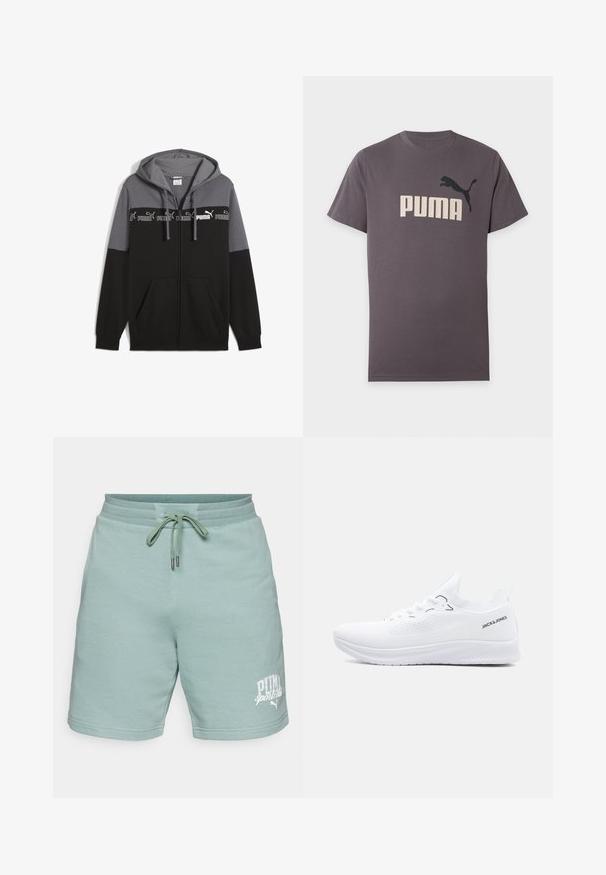 Čierna a šedá mikina s kapucňou na zips vyrobená z bavlnenej zmesi. Obsahuje šedú kapucňu, klokanie vrecká a pás s logom Puma cez hruď.; Tmavosivé tričko Puma s krátkym rukávom, s veľkým béžovým nápisom „"PUMA"“ a čiernym logom skákajúcej mačky na hrudi, zobrazené na jednoduchom pozadí.; Svetlozelené bavlnené šortky s elastickým pásom a šnúrkou. Na dolnej ľavej strane je biely logotyp "PUMA sports club". Hladká textúra.; Biela pletená nízka teniska s textúrovanou podrážkou, šnurovaním vpredu a logom "JACK & JONES" na bočnej strane päty.