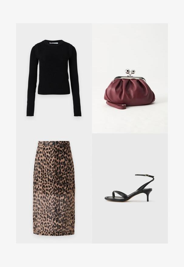 Sort strikket sweater med lange ærmer, rund hals og strukturerede ribbet detaljer på skuldrene. Enkel design uden mønstre.; Leopardmønstret blyantskirt i beige og sort. Glat stof, tætsiddende design med knælang skæring og en skjult talje. Ingen synlige lukninger.; Sort damesandal i læder med tynde remme, en tå-loop, ankelspænde og en mellemhøj stiletthæl på en neutral baggrund.; Lille bordeauxlæder clutch-pung med sølv metal lukning og håndledsrem på hvid baggrund.