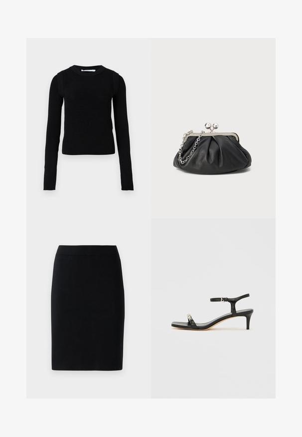 Sort strikket sweater med lange ærmer, rund hals og strukturerede ribbet detaljer på skuldrene. Enkel design uden mønstre.; Sort knælængde blyantskirt med elastisk talje mod en ensfarvet hvid baggrund.; Sort læder sandal med hæl og ankelrem, åben tå, firkantet front og sølvfarvede metalaccenter. Figurformet design med en slank profil.; Sort læder clutch med samlet tekstur, sølvfarvet metalramme, kys-lås lukning og kædestrop. Glat, blød overflade.