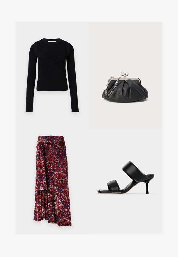 Mustassa neulotussa villapaidassa on pitkät hihat, pyöreä kaula-aukko ja teksturoitu ribbineulos korostuksina hartioilla. Yksinkertainen muotoilu ilman kuvioita.; Rabanne Maksihame - tapestry/navy/burgundy/red/cream; Mustasta nahasta valmistettu mule-sandaali, jossa on kaksi leveää hihnaa ja kapea keskipitkä piikkikorko, yksinkertaisella vaalealla taustalla.; Mustan nahkainen clutch, jossa on rypistetty rakenne, hopeanvärinen metallikehys, suukko-lukko ja ketjuhihna. Sileä, pehmeä pinta.