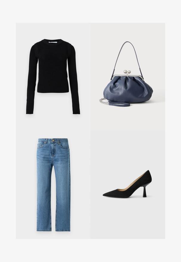 Sort strikket sweater med lange ærmer, rund hals og strukturerede ribbet detaljer på skuldrene. Enkel design uden mønstre.; Blå straight-leg jeans med forlommer, bæltestropper og knaplukning mod en ensfarvet hvid baggrund.; Sorte ruskinds højhælede pumps med spids tå, der har en blank sort blokhæl og en glat indvendig foring.; Blød navyblå læderhåndtaske med sølv lukning, enkelt skulderrem og aftagelig kæde til håndleddet på hvid baggrund.