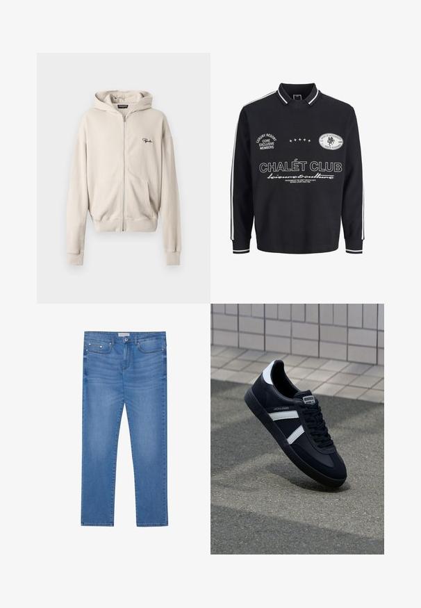 Sort langærmet poloshirt med hvide striber på ærmer og krave, med hvid tekst og logoer, herunder "Chalét Club" og dekorative stjerner.; Beige hættetrøje med lynlås i ribbet stof, med en frontlomme, blød tekstur og et lille sort logo på venstre bryst.; Lyseblå denimjeans med lige ben, femlommes design, subtil falming og metalbeslag ved taljen og lommerne.; Sort lædersneaker med hvide striber, tekstureret gummisål og snørrebånd foran. Har et brandet mærke på tungen.
