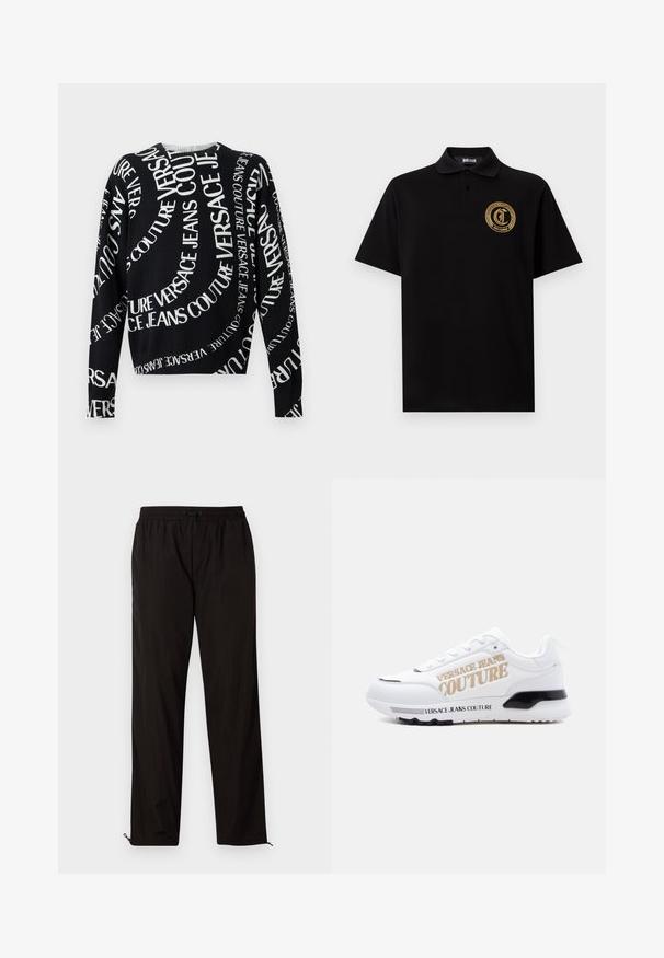 Must pikkade varrukatega kampsun, millel on valge "Versace Jeans Couture" tekst keerlevates diagonaalsetes mustrites kogu riidel.; Mustast lühikeste varrukatega polomees, millel on krae ja kahe nupuga plika, rinnal kuldse ringikujulise Just Cavalli logoga.; Mustad mustriga püksid elastse vöökoha, nööridega sulgemise ja reguleeritavate sääreotstega, millel on lukud. Sile ja läikiv tekstuur.; Valge madala säärega toss, millel on külje peal kuldne "Versace Jeans Couture" bränding ja musta värvi talladetailid heledal taustal.