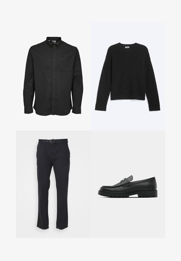 Sort ribstrikket sweater med lange ærmer og rund halsudskæring, mærket Weekday, vist på en ensartet lys baggrund.; Sort langærmet skjorte med knapper i bomuldsstof, med standard krave, brystlomme og matchende sorte knapper.; Sorte bomuldsbukser med lige ben, der har et bælte med metalhardware og en subtil tekstur. Ingen synlige mønstre eller detaljer.; Sorte læder loafers med rund tå, der har et syet design, lav platformssål og en struktureret, skridsikker gummisål.