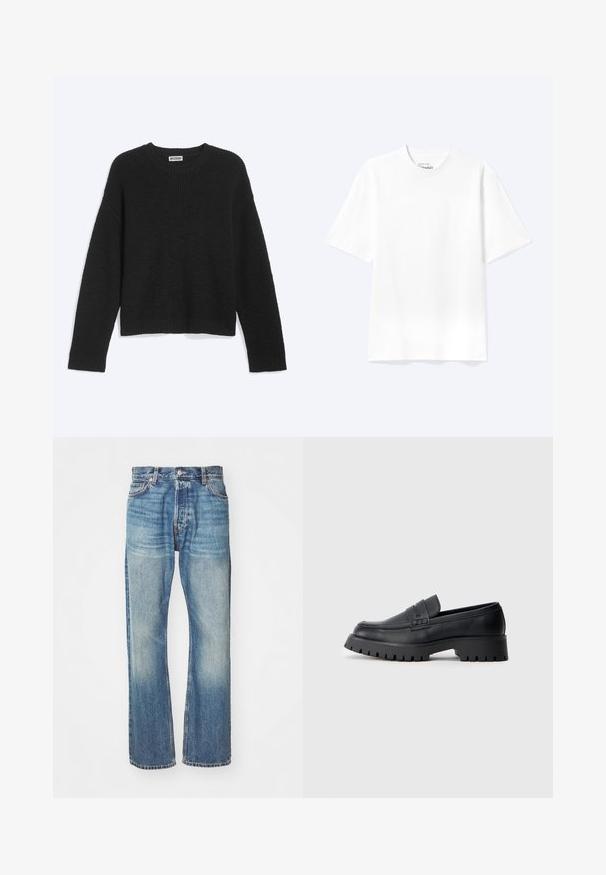 Jersey negro de punto canalé con mangas largas y cuello redondo, etiquetado Weekday, exhibido sobre un fondo claro y liso.; Camiseta lisa blanca de manga corta y cuello redondo con un corte relajado, mostrada sobre un fondo claro.; Jeans de mezclilla azul claro con un diseño clásico de pierna recta, acabado desgastado y costuras visibles en toda su extensión. Presenta bolsillos frontales y trabillas para cinturón.; Mocasines de cuero negro con punta redondeada, que presentan una correa decorativa y una suela de goma gruesa con surcos profundos para mayor tracción.
