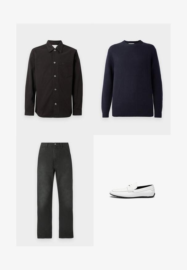 Pull en maille bleu marine avec un col rond, des poignets et un ourlet côtelés. Présente un motif texturé sur l'ensemble du tissu.; Chemise noire à boutons en coton, avec un col, une poche frontale et un logo subtil sur la poitrine, au toucher doux.; Pantalon en toile de coton noire avec une coupe droite, poches avant et fermeture par bouton. Présente une texture subtile et des détails de couture.; Mocassins en cuir blanc avec une finition lisse, présentant un accent cousu, un bout rond et une semelle en caoutchouc noir pour l'adhérence.