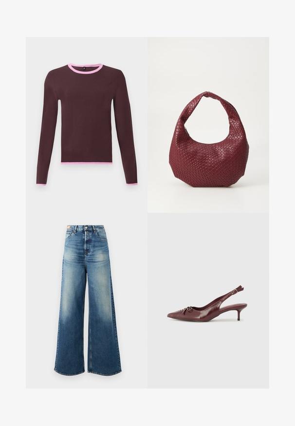 Dunkelbrauner Langarmpullover mit hellrosa Besatz am Rundhalsausschnitt, an den Bündchen und am Saum vor einfarbig hellem Hintergrund.; Weite, blaue Denim-Jeans mit einem ausgewaschenen Finish, hoher Taille und klassischem Fünf-Taschen-Design. Enthält Kupferbeschläge und ausgefranste Säume.; Bordeauxfarbene Leder-Slingback-Pumps mit spitzem Zehenbereich, verstellbarem Riemen und dekorativem Schleifchen vorne. Absatzhöhe von 7,5 cm.; Geflochtener burgunderfarbener Handtasche mit einer runden Silhouette, einem einzelnen Griff und einer strukturierten Oberfläche. Reißverschluss oben.