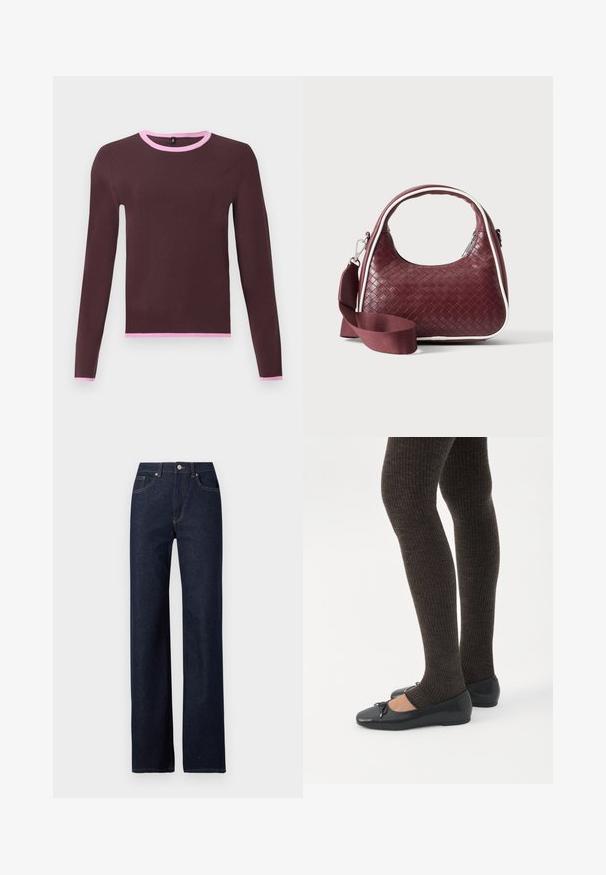 Dunkelbrauner Langarmpullover mit hellrosa Besatz am Rundhalsausschnitt, an den Bündchen und am Saum vor einfarbig hellem Hintergrund.; Dunkelblaue Denim-Jeans mit geradem Bein, klassischem Fünf-Taschen-Stil, sichtbaren Nähten und einem Frontknopfverschluss.; Beine in dunklen, gerippten Leggings kombiniert mit schwarzen Ballerinas mit kleinen Schleifendetails auf weißem Hintergrund.; Dunkelrote gewebte Ledertasche mit gebogenem Griff, weißem Besatz, silbernem Reißverschluss und abnehmbarem breitem Stoff-Schulterriemen vor einfarbigem Hintergrund.