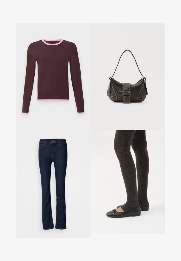 Langærmet mørkebrun sweater med lyserød kant på rund halsudskæring, manchetter og kant mod en ensfarvet lys baggrund.; Mørkeblå denim jeans med lige ben-design, fem-lomme stil og lys syning. Linningen har en metal-knap lukning.; Ben iført mørke ribbede leggings kombineret med sorte balletsko med små sløjfedetaljer på hvid baggrund.; Sort læder skuldertaske med spænde på remmen, afrundede kanter og kontrasterende hvide syninger på en ensfarvet baggrund.