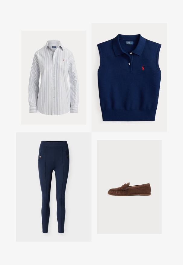 Marineblauer ärmelloser Polopullover mit Kragen, zwei Knöpfen vorne und rotem, auf der linken Brust gesticktem Logo.; Weißes Hemd mit dünnen vertikalen blauen Streifen, langen Ärmeln, spitzem Kragen und kleinem besticktem Logo auf der Brust.; Marineblaue Leggings aus elastischem, glattem Stoff. Mit zwei Taschen mit runden Akzenten, vertikalen Nähten und einem hohen Bund.; Brauner Wildleder-Herrenloafer mit flacher Sohle und Mokassin-ähnlicher Naht auf hellem Hintergrund.