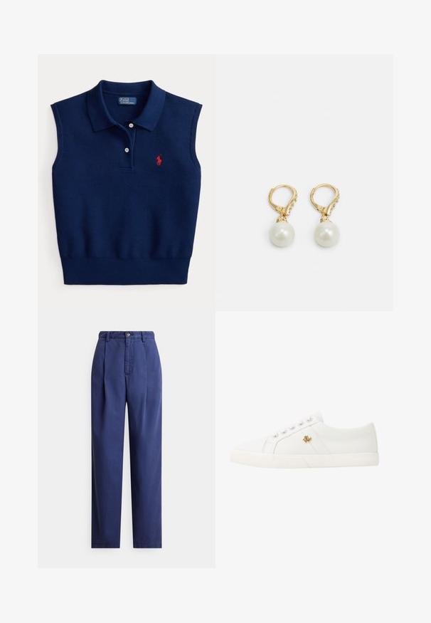 Marineblauer ärmelloser Polopullover mit Kragen, zwei Knöpfen vorne und rotem, auf der linken Brust gesticktem Logo.; Marineblaue Hose mit geradem Schnitt, vorne mit Falten, Knopfverschluss und glattem Baumwollstoff. Schlichtes Design ohne Muster.; Lauren Ralph Lauren JANSON II CANVAS SNEAKER - Sneaker low - optic white; Goldfarbene Klappohrringe mit einem großen weißen Perlenanhänger, der eine kleine Reihe von klaren Strasssteinen entlang des Scharniers aufweist.