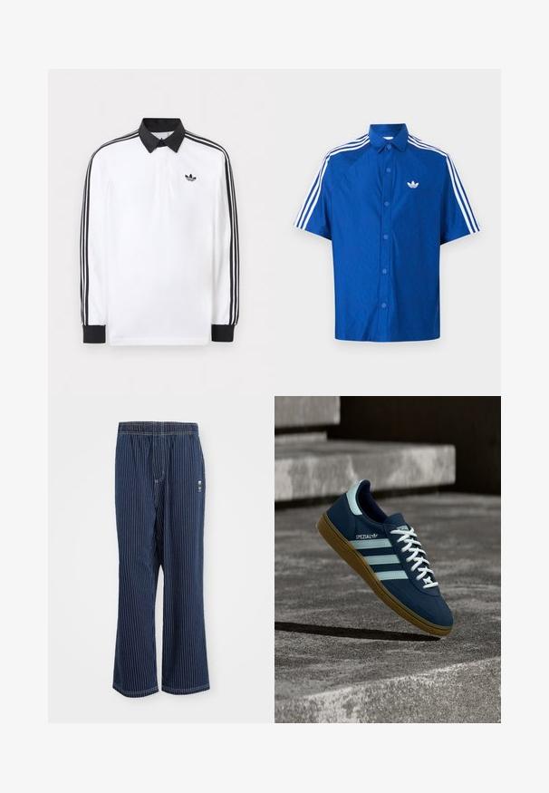 Biele polo s dlhým rukávom s čiernym golierom, čiernymi manžetami, čiernym dizajnom troch pruhov na rukávoch a čiernym logom Adidas na hrudi.; Modrá košeľa s krátkym rukávom a gombíkmi, na hrudi biely logo Adidas a tri biele pásy vedúce pozdĺž ramien a rukávov.; Námornícke pruhované nohavice s svetlomodrými vertikálnymi pruhmi, elastickým pásom, širokým strihom a malým logom na boku. Štruktúra látky je hladká.; Modré tenisky Adidas Spezial s bielymi pruhmi a šnúrkami, gumovou podrážkou, plávajúce nad drsným betónovým povrchom a schodmi v pozadí.