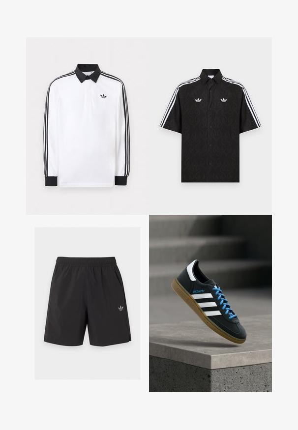 Polo blanc à manches longues avec col noir, poignets noirs, motif trois bandes noires sur les manches et logo Adidas noir sur la poitrine.; Chemise noire à manches courtes avec un motif subtil de flammes, logos trefoil Adidas blancs sur la poitrine et triples bandes blanches sur les manches.; Short de sport noir à taille élastique avec poches latérales et petit logo Adidas sur la jambe gauche.; Baskets Adidas noires avec des rayures blanches, des lacets bleus et une semelle en gomme flottant au-dessus d'une marche en béton grise sous une lumière douce.