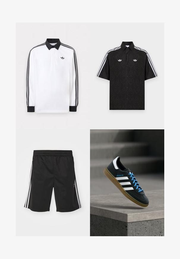Valge pika varrukaga polosärk musta krae, mustade mansettide, varruka kolmetriipulise musta mustriga ja musta Adidas logo rinnal.; Must lühikeste varrukatega särk, millel on peen leekide muster, valged Adidas Trefoil logod rinnal ja valged kolmiktriibud varrukatel.; Mustad mustad lühikesed püksid elastse vöökohaga, millel on valged külje triibud ja sile riide tekstuur. Ilma lisakaunistusteta.; Must Adidas toss valgete triibu, siniste paelte ja kummist tallaga, hõljuv pehme valgusega halli betoonastme kohal.