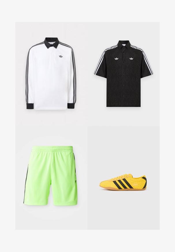 Biele polo s dlhým rukávom s čiernym golierom, čiernymi manžetami, čiernym dizajnom troch pruhov na rukávoch a čiernym logom Adidas na hrudi.; Čierna košeľa s krátkym rukávom so zaujímavým vzorom plameňov, na hrudi biele logá Adidas trefoil a na rukávoch biele trojité pruhy.; Neon zelené športové šortky s elastickým pásom, s čiernymi bočnými pruhmi a ľahkým, priedušným materiálom.; Žltá športová obuv s textúrovaným zvrškom, s čiernymi pruhmi a logom. Zaoblená špička, mäkká podrážka a vzor v tvare cik-cak na materiáli.