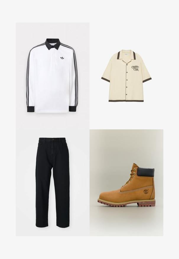 Witte lange mouwen polo met zwarte kraag, zwarte manchetten, zwart drie-strepen ontwerp op de mouwen en zwart Adidas-logo op de borst.; Beige overhemd met korte mouwen en knopen, met donkerbruine bies en tekst "Cowboy Code" op de borst, plat gelegd op een witte achtergrond.; Zwarte denim broek met een rechte pijp. Heeft een klassiek vijf-pocket ontwerp, een knoopsluiting en een subtiele stoftextuur.; Bruine leren enkellaars met zwarte kraag, gele veters en een zandkleurige zool. Voorzien van een logo en witte stikseldetails. Robuuste loopzool met grip.