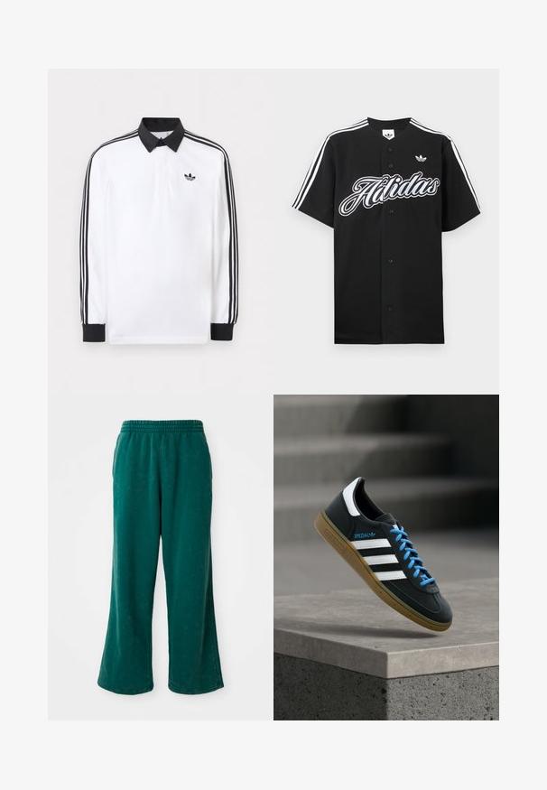 Polo blanco de manga larga con cuello negro, puños negros, diseño de tres rayas negras en las mangas y logo negro de Adidas en el pecho.; Camiseta de béisbol negra con mangas blancas de tres franjas, un gran logo de "Adidas" en el pecho y un logo pequeño en la parte superior izquierda. Fabricada con tela suave.; Pantalones de chándal verdes de pierna ancha con una textura suave, que cuentan con una cinturilla elástica y bolsillos laterales. Tejido duradero con un corte relajado.; Zapatilla negra Adidas con franjas blancas, cordones azules y suela de goma flotando sobre un escalón de hormigón gris con luz suave.