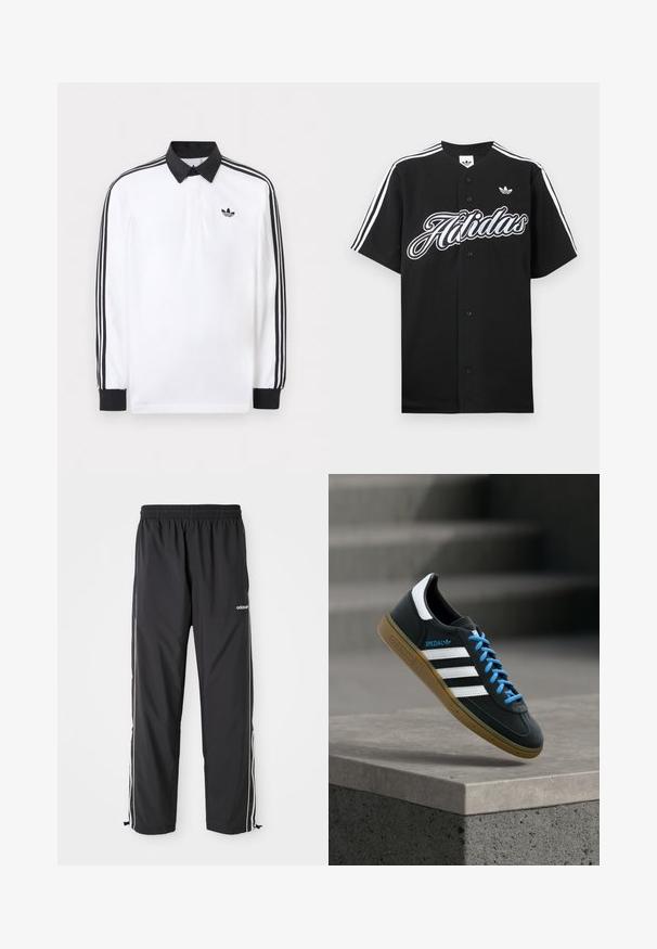 Biele polo s dlhým rukávom s čiernym golierom, čiernymi manžetami, čiernym dizajnom troch pruhov na rukávoch a čiernym logom Adidas na hrudi.; Čierny baseballový dres s bielymi tromi pruhmi na rukávoch, veľkým logom "Adidas" na prednej strane a malým logom na hrudi. Vyrobený z mäkkej látky.; Čierne športové nohavice vyrobené z ľahkej látky, s bielymi bočnými pásmi, elastickým pásom a nastaviteľnými členkovými manžetami.; Čierna teniska Adidas s bielymi pruhmi, modrými šnúrkami a gumovou podrážkou, ktorá sa vznáša nad sivým betónovým schodom v mäkkom svetle.