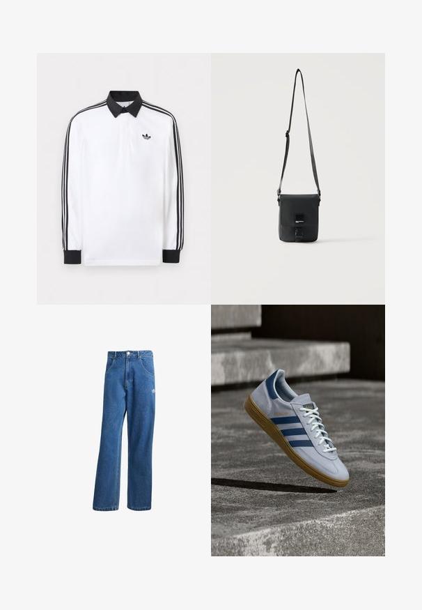 Biele polo s dlhým rukávom s čiernym golierom, čiernymi manžetami, čiernym dizajnom troch pruhov na rukávoch a čiernym logom Adidas na hrudi.; Modré riflové nohavice s vysokým pásom a širokým strihom, s prednými vreckami, pútkami na opasok, zapínaním na gombík a malým logom Adidas na pravej stehne.; Svetlomodrá teniska Adidas Spezial s námorníckymi modrými pruhmi a gumovou podrážkou, zobrazená vo vzduchu nad betónovými schodmi v neutrálnej vonkajšej scéne.; Čierna kožená crossbody taška s nastaviteľným popruhom, klopovým zapínaním a malou kovovou logovou tabuľkou vpredu.