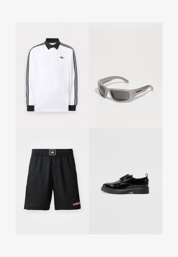 Valkoinen pitkähihainen pikeepaita, jossa musta kaulus, mustat hihansuut, musta kolmen raidan kuvio hihassa ja musta Adidas-logo rinnassa.; Musta urheilushortsit, jotka on valmistettu teksturoidusta ja hengittävästä kankaasta. Ominaisuuksina joustava vyötärö ja alhaalla oikealla puolella vaaleanpunainen "adidas"-logo.; Musta patenttisi Nahkasaappaat, joissa on paksu kumi-ulkopohja ja kantanauha, näkyy sisäpuolelta valkoista taustaa vasten.; Arnette ZYME - Aurinkolasit - metallic silver-coloured