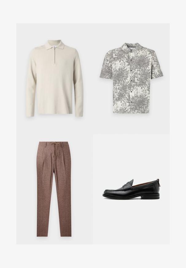 Cremefarvet langærmet polo skjorte med lynlås i kraven, lavet af blødt, struktureret stof, med en klassisk pasform og minimalistisk design.; Kortærmet skjorte med knapper foran i sort og hvidt abstrakt mønster. Har krave og frontknapper, lavet af let stof.; Brune, strukturerede bukser med et hørmønster, der har en snøre i taljen og to frontfolder. Lige ben-design.; Sort læder herre loafer med moc-tå syning, penny strop, struktureret krave og lav stablet hæl på hvid baggrund.