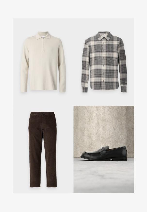 Crème-kleurige longsleeve poloshirt met een rits bij de kraag, gemaakt van zachte, gestructureerde stof, met een klassieke pasvorm en een minimaal ontwerp.; Langearmige geruite shirt in zwart en crème. Voorzien van een knoopsluiting aan de voorkant, klassieke kraag en een gevarieerd ruitpatroon. Zachte stoftextuur.; Bruine corduroybroek met een recht model, voorzien van een knoopsluiting aan de voorkant en standaard riemlussen. Soepele textuur en een klassieke snit.; Zwarte leren loafer met een metalen merktekenplaatje, rustend bij een bruine ronde tafel op een beige tapijtvloer.