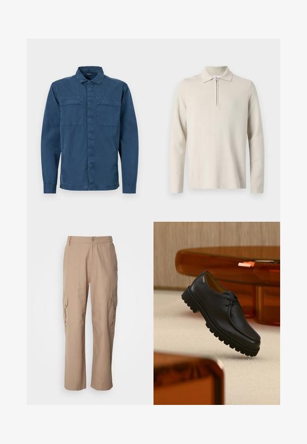 Crème-kleurige longsleeve poloshirt met een rits bij de kraag, gemaakt van zachte, gestructureerde stof, met een klassieke pasvorm en een minimaal ontwerp.; Marineblauwe overhemd met knopen, gemaakt van katoen, met lange mouwen, twee borstzakken en een standaard kraag. Gladde textuur met een casual ontwerp.; Khaki cargobroek gemaakt van lichtgewicht stof, met twee zijzakken, een knoopsluiting en een recht toe recht aan ontwerp.; Zwart gestructureerd leren veterschoen met dikke geribbelde zool, voorzien van het merk "HUGO" vlak bij de hiel, weergegeven tegen een beige tapijt en amberkleurig meubilair.