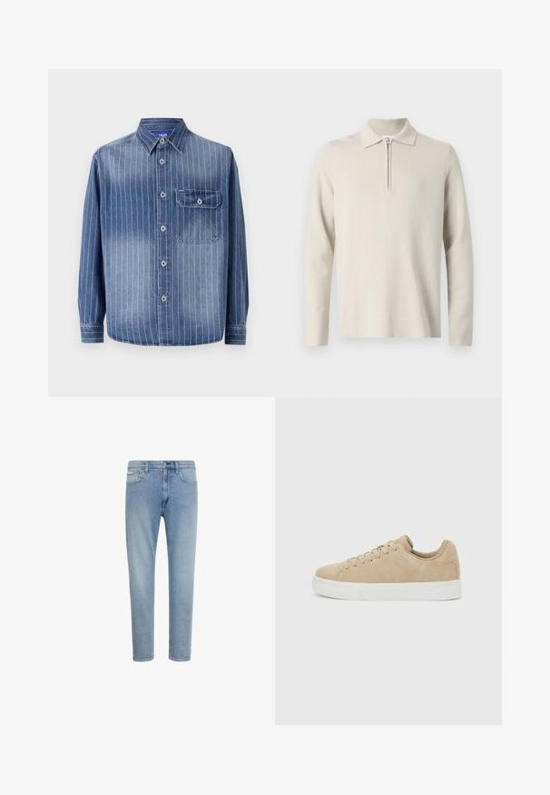 Cremfarbener Langarm-Polohemd mit Reißverschluss am Kragen, aus weichem, strukturiertem Stoff, mit klassischer Passform und minimalistischem Design.; Dhemdung mit vertikalen, hellblauen Streifen, klassischem Kragen, Knopfverschluss, einer Brusttasche auf der linken Seite und langen Ärmeln mit geknöpften Manschetten.; Hellblaue Jeans mit geradem Bein, Knopf- und Reißverschluss, Gürtelschlaufen sowie Vorder- und Gesäßtaschen.; Beiger Wildleder-Sneaker in niedrigem Schnitt mit Schnürverschluss und weißer Gummisohle vor hellem grauem Hintergrund.