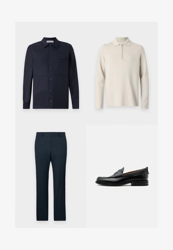 Cremefarvet langærmet polo skjorte med lynlås i kraven, lavet af blødt, struktureret stof, med en klassisk pasform og minimalistisk design.; Samsøe Samsøe TAKA JO OVERSHIRT - Skjorter - dark blue; Marineblå skræddersyede bukser med struktureret stof, lige ben-design og en frontfold. Har bæltestropper og en glat talje.; Sort læder herre loafer med moc-tå syning, penny strop, struktureret krave og lav stablet hæl på hvid baggrund.