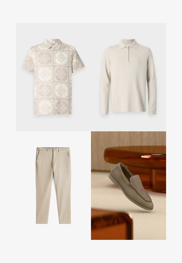 Crème-kleurige longsleeve poloshirt met een rits bij de kraag, gemaakt van zachte, gestructureerde stof, met een klassieke pasvorm en een minimaal ontwerp.; Korte mouwen overhemd met knopen in beige met een herhalend bloemenpatroon. Gemaakt van een lichtgewicht stof met een natuurlijke, gestructureerde uitstraling.; Beige slim-fit herenbroek met riemlussen, vooraan knoop- en ritssluiting en schuine zijzakken op een witte achtergrond.; Beige suède instapschoen met zichtbare stiksels en lichte zool, geplaatst bovenop een crèmekleurig tapijt, met oranje doorschijnend meubilair op de achtergrond.