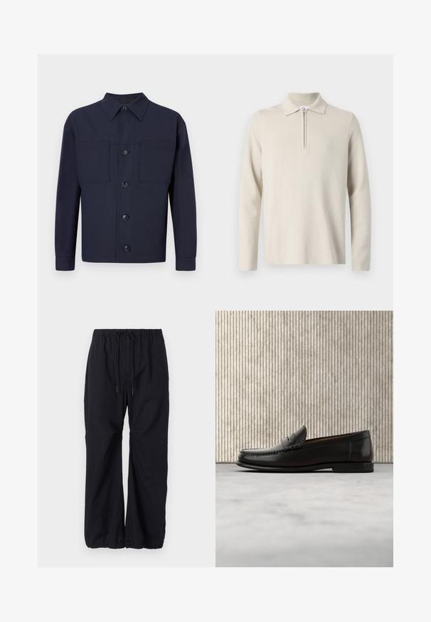 Crème-kleurige longsleeve poloshirt met een rits bij de kraag, gemaakt van zachte, gestructureerde stof, met een klassieke pasvorm en een minimaal ontwerp.; Marineblauwe button-up jas van stof met een gladde textuur. Beschikt over twee borstzakken en een puntige kraag, met vier knopen aan de voorkant.; Zwarte, losse broek van lichtgewicht stof, met een elastische tailleband met een trekkoord en gathers bij de enkels.; Zwarte leren penny loafer met lage hak, afgeronde neus en gestikte details langs de voorkant en zijkanten, afgebeeld op een neutrale achtergrond.