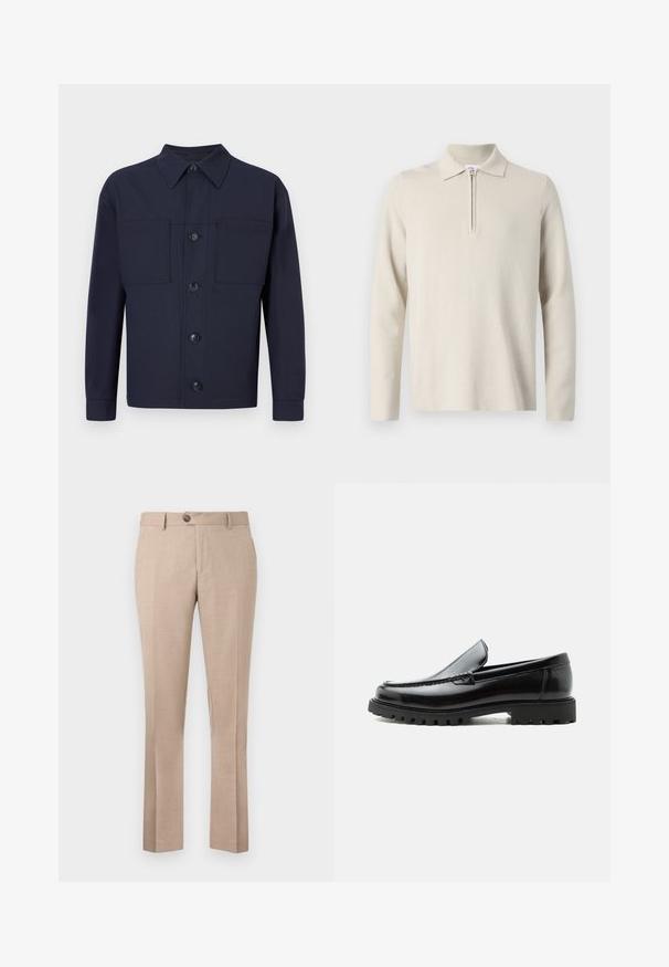 Cremefarvet langærmet polo skjorte med lynlås i kraven, lavet af blødt, struktureret stof, med en klassisk pasform og minimalistisk design.; Mørkeblå knaplukket jakke lavet af stof med en glat tekstur. Har to brystlommer og en spidset krave, samt fire forreste knapper.; Beige bukser lavet af et letvægtsstof, har en lige pasform, enkelt knaplukning og to forlommer.; Sort læderloafer med chunky gummisål, syet overdel og præget mærkenavn på hælen, vist i sideprofil på hvid baggrund.
