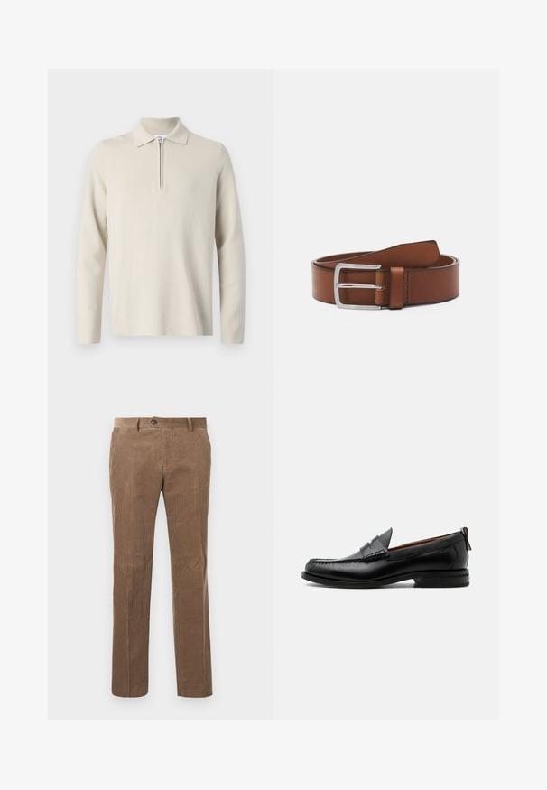 Crème-kleurige longsleeve poloshirt met een rits bij de kraag, gemaakt van zachte, gestructureerde stof, met een klassieke pasvorm en een minimaal ontwerp.; Bruine corduroy broek met verticale ribbelstructuur, recht model, enkele knoopsluiting en twee voorzakken.; Zwarte leren herensloffen met moc toe stiksel, pennyriem, gestructureerde kraag en lage gestapelde hak op witte achtergrond.; Bruine leren riem met een gladde textuur, voorzien van een rechthoekige zilveren gesp en een enkele pin voor bevestiging. Klassiek ontwerp en duurzaam materiaal.