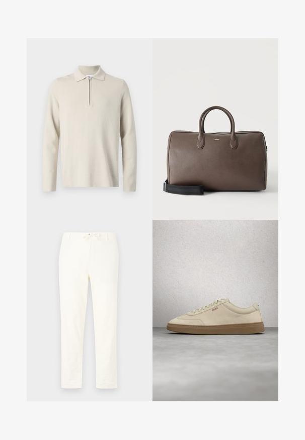 Polo à manches longues de couleur crème avec une fermeture éclair au col, fabriqué en tissu doux et texturé, avec une coupe classique et un design minimaliste.; Pantalons en lin légers et blancs avec une taille à cordon de serrage. Conception à jambes droites, texture minimale et sans motifs ou détails matériels visibles.; Baskets en daim beige clair avec une semelle en caoutchouc gomme, des lacets prononcés et des détails de couture subtils. Design épuré avec une esthétique minimaliste.; Sac de sport en cuir marron avec deux poignées, une bandoulière noire réglable et un petit logo "BOSS" au centre à l'avant.