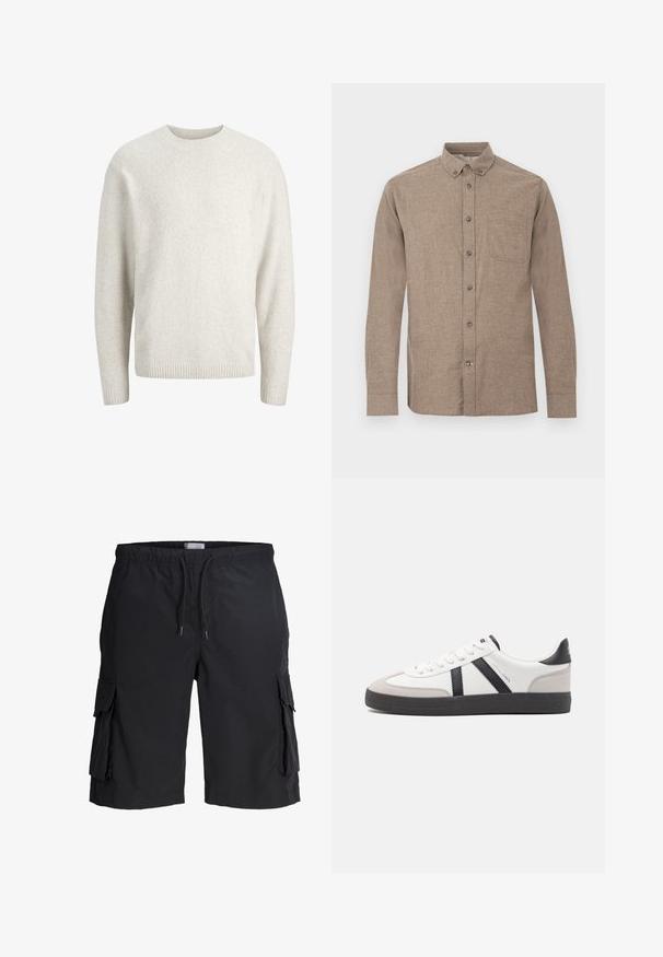 Pull long uni de couleur crème avec un col rond et des poignets et ourlet côtelés.; Chemise marron à manches longues en tissu texturé, dotée d'un col boutonné, d'une poche avant et de cinq boutons sur la patte de boutonnage.; Short cargo noir longueur genou avec taille élastique, cordon de serrage et grandes poches à rabat de chaque côté, posé à plat sur un fond blanc.; Baskets blanches avec des accents noirs et gris, présentant un embout texturé gris, une semelle en caoutchouc noir et des lacets plats blancs. Design épuré, style minimaliste.