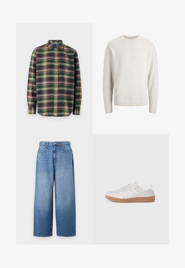 Pull long uni de couleur crème avec un col rond et des poignets et ourlet côtelés.; Chemise à manches longues en tartan aux tons vert, bleu marine et orange, avec une fermeture à boutons, un col étalé et un tissu doux et texturé.; Jeans en denim à jambes larges de couleur bleu clair avec une finition légèrement délavée. Comprend un design classique à cinq poches et une fermeture à bouton en métal.; Baskets argentées avec une texture lisse, un design à lacets, des accents perforés et une semelle en caoutchouc marron texturé.