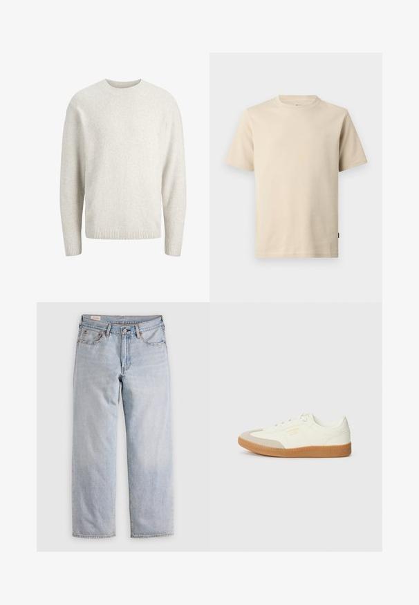Einfacher cremefarbener Pullover mit langen Ärmeln, rundem Ausschnitt sowie gerippten Bündchen und Saum.; Beiges kurzärmeliges T-Shirt aus Baumwolle mit Rundhalsausschnitt, minimalen Nähten und einem kleinen tonalen Logo auf der linken Brust.; Helle blaue gerade geschnittene Jeans mit hoher Taille, Knopfverschluss sowie Vorder- und Hintertaschen, auf einer flachen Oberfläche präsentiert.; Sneaker aus weißem Leder mit einer beigen Zehenkappe und leichter brauner Gummisohle. Verfügt über flache weiße Schnürsenkel und geprägtes Branding an der Seite.