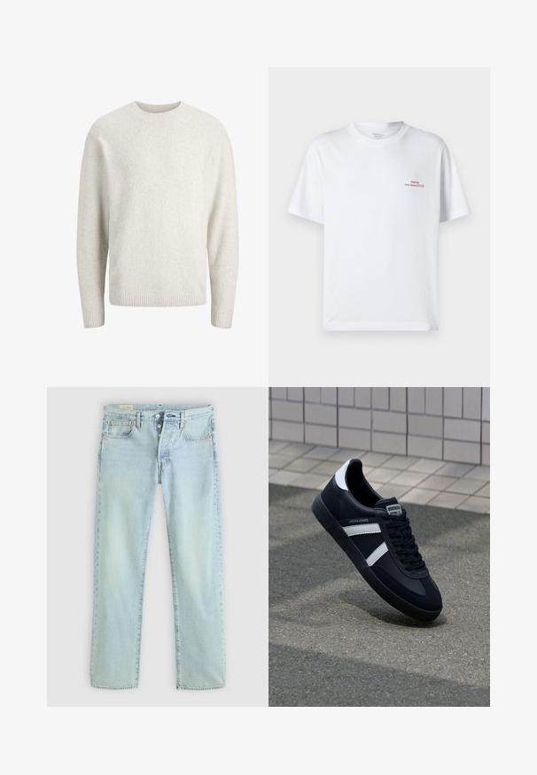 Einfacher cremefarbener Pullover mit langen Ärmeln, rundem Ausschnitt sowie gerippten Bündchen und Saum.; Weißes Baumwoll-T-Shirt mit kurzen Ärmeln, rundem Ausschnitt und kleinem roten Schriftzug auf der oberen linken Seite. Weiche Textur und lockere Passform.; Helle blaue Denim-Jeans mit geradem Schnitt, fünf Taschen, Knopfverschluss und dezentem Verblassen. Mit Steppdetails und Kupfennieten.; Schwarze Leder-Sneaker mit weißen Streifen, strukturiertem Gummisohle und Schnürung. Verfügt über ein Markenetikett auf der Zunge.