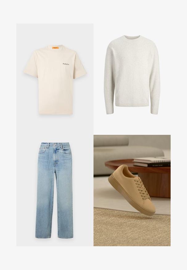 Einfacher cremefarbener Pullover mit langen Ärmeln, rundem Ausschnitt sowie gerippten Bündchen und Saum.; Replay Inc. ESSENTIAL LOGO UNISEX - T-Shirt basic - ivory; Helle blaue, gerade geschnittene Denim-Jeans mit hoher Taille, fünf Taschen und dezenten Verwaschungen. Rohem Saum und kontrastierenden Nähten.; Beiger geschnürter Sneaker, der über einem strukturierten Teppich mit Holzcouchtisch und gestapelten Büchern im verschwommenen Hintergrund schwebt.
