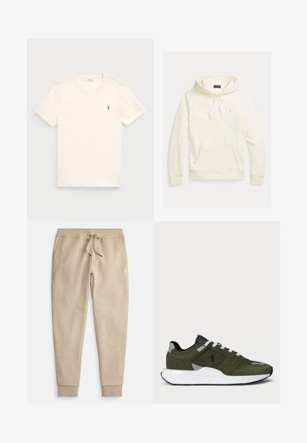 Langærmet hættetrøje i cremefarve med frontlomme, snøretrækshætte og lille broderet Polo Ralph Lauren-logo på brystet.; Kræmfærdig bomulds t-shirt i kremfarve med rund hals og korte ærmer. Har et lille blåt broderet logo på venstre bryst.; Beige joggingbukser lavet af blødt stof med snøre i taljen, sidelommer og ribkantede ærmegab. Har et lille logo på låret.; Grønne atletikksko med en blanding af ruskind og mesh-materialer. Har hvide snørebånd, en hvid mellemsål og en tekstureret gummisål.