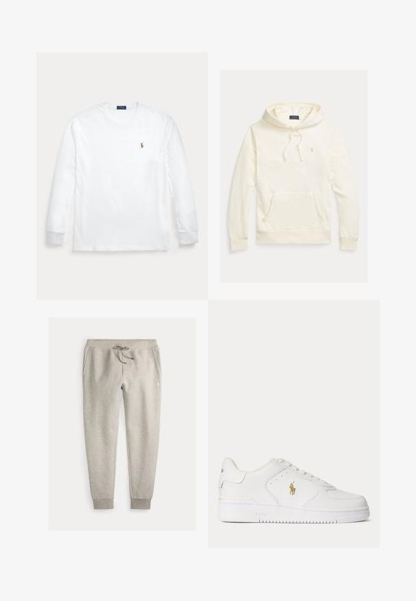 Crèmekleurige hoodie met lange mouwen, voorzak, capuchon met trekkoord en klein geborduurd Polo Ralph Lauren-logo op de borst.; Witte longsleeve met ronde hals en klein geborduurd Polo Ralph Lauren-logo op de linkerborst.; Lichtgrijze joggingbroek met trekkoord in de taille, zijzakken, geribde manchetten en een klein geborduurd logo op de rechterdij.; Witte lage leren sneaker met witte veters en een gouden Polo Ralph Lauren-logo aan de zijkant en "Polo" in de zool gegraveerd.