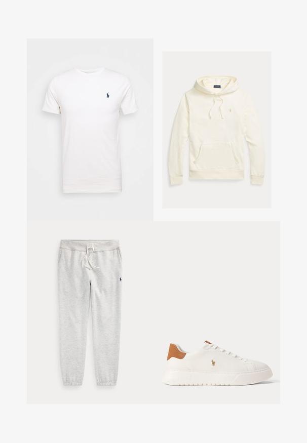 Langærmet hættetrøje i cremefarve med frontlomme, snøretrækshætte og lille broderet Polo Ralph Lauren-logo på brystet.; Hvid bomulds t-shirt med rund hals. Har et lille mørkeblå logo på venstre bryst. Korte ærmer, glat tekstur.; Lysegrå joggingbukser med elastiske manchetter, snøre i taljen, sidelommer og lille mørkt logo på øverste venstre lår.; Hvid lavtop sneaker med tan hælfane, hvide snørebånd og lille broderet polo-spiller logo på siden over en tyk sål.