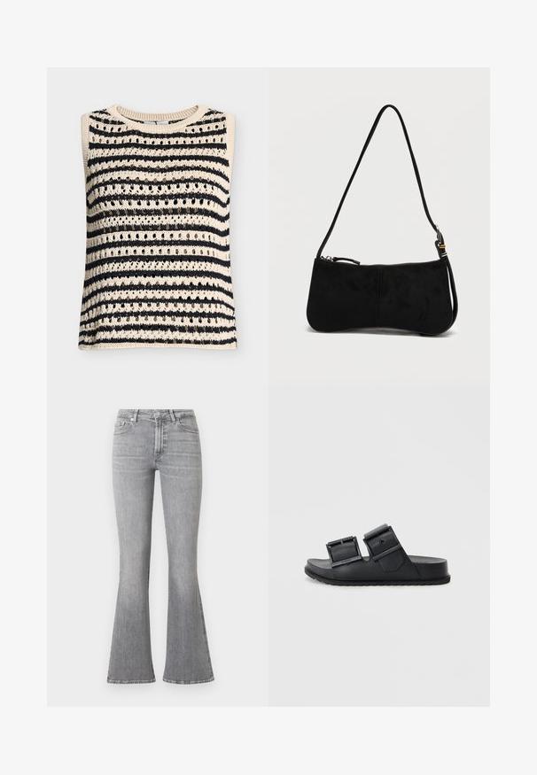 Ærmeløs strikket top med skiftevis sorte og beige vandrette striber og et mønster af små huller overalt.; Lysegrå denimjeans med høj talje, frontknap og lynlås, fem-lomme-design og flared ben.; Sorte klipklappere lavet af tekstureret materiale med to justerbare remme med spænder. Flad sål med et mønstrede dæk for godt greb.; Sort skuldertaske i ruskind med lynlås og en tynd justerbar rem mod en ensfarvet hvid baggrund.