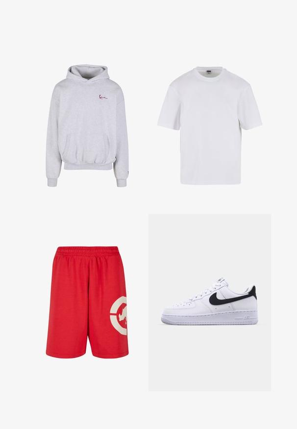 Lysegrå hættetrøje lavet af blødt materiale, med en lomme foran, ribbede manchetter og et lille rødt logo på brystet. Casual design.; Hvid kortærmet t-shirt lavet af bomuld. Har en rund halsudskæring og en afslappet pasform. Glat tekstur, minimalistisk design, ingen mønstre eller accenter.; Røde bomuldsshorts med elastisk talje, prydet med et stort hvidt grafisk design på venstre ben og en glat overflade.; Hvide lædersneakers med en struktureret sort Swoosh, flade snørebånd og en gummisål med et rillemønster. "AIR" er præget på hælen.