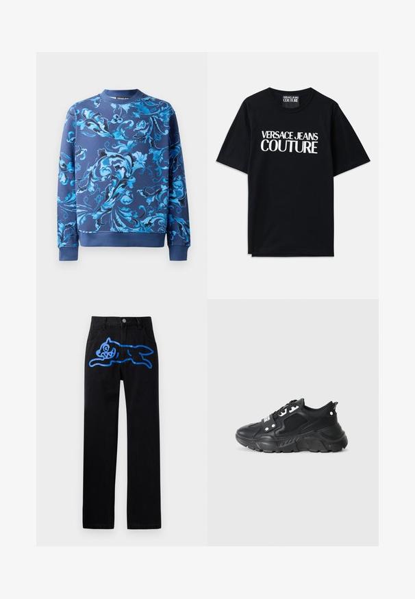 Marineblaues Sweatshirt mit komplexen blauen Blumenmustern. Verfügt über einen Rundhalsausschnitt und gerippte Bündchen. Hergestellt aus weichem Stoff mit glatter Textur.; Schwarzes Baumwoll-T-Shirt mit kurzen Ärmeln, das auf der Vorderseite den großen weißen Text "VERSACE JEANS COUTURE" trägt. Klassisches Rundhalsdesign.; Schwarze Denim-Hosen mit lockerer Passform, die auf der Vorderseite ein lebhaftes blaues Grafikdesign eines springenden Katers zeigen. Klassisches Fünf-Taschen-Design.; Schwarzer Sportschuh mit einem strukturierten Mesh-Panel, dickem Gummi-Sohle, kontrastierenden Akzenten und einer Schnürung. Verfügt über eine Ziehschlaufe an der Rückseite.