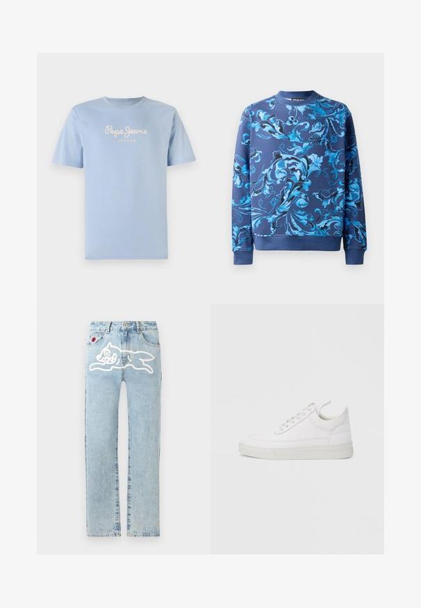 Marineblå sweatshirt med intrikate blå blomster mønstre. Har en rund halsudskæring og ribbede manchetter. Fremstillet af blødt stof med en glat tekstur.; Lyseblå bomulds t-shirt med rund halsudskæring og korte ærmer. Den viser "Pepe Jeans London" i hvid skriveskrift hen over brystet.; Icecream RUNNING DOG PANT - Jeans Straight Leg - heavy wash blue; Hvid lædersneaker med rundet tå, flad sål og snørebånd foran. Har syningsdetaljer og polstret krave for komfort.